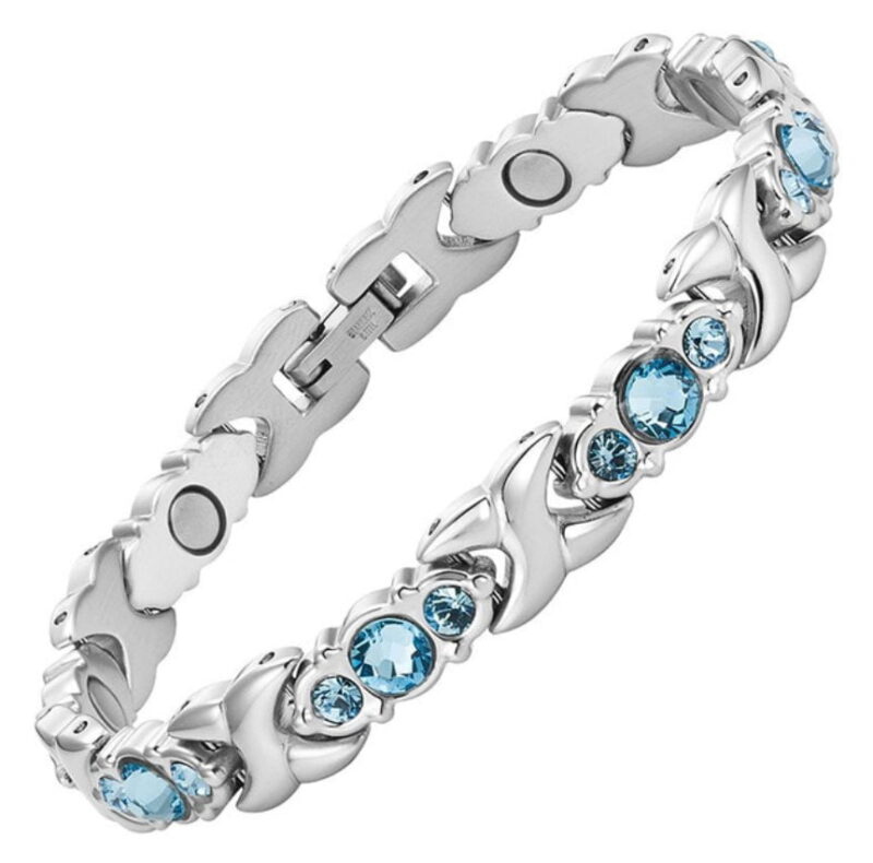 Сребриста Дамска магнитна гривна със сини камъчета T-326 Сребриста Дамска магнитна гривна със сини камъчета T-326