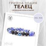 Гривна от Естествени Камъни Содалит и Вулканичен камък, Зодия Телец