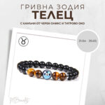 Констелация Зодия Телец Гривна от Естествени Камъни Черен Оникс и Тигрово око, Код: Z-050