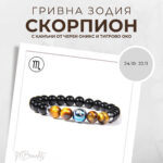 Констелация Зодия Скорпион Гривна от Естествени Камъни Черен оникс и Тигрово око, Код: Z-056