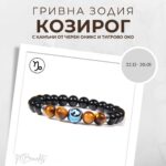 Констелация Зодия Козирог Гривна от Естествени Камъни Черен Оникс и Тигрово око, Код: Z-058