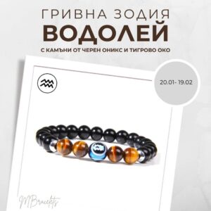 Констелация Зодия Водолей Гривна от Естествени Камъни Черен Оникс и Тигрово око, Код: Z-059